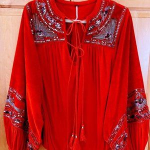 FREE PEOPLE 'Hearts A Flame' SILKY & VELVET PEASANT BLOUSE w/SEQUINS / MEDIUM